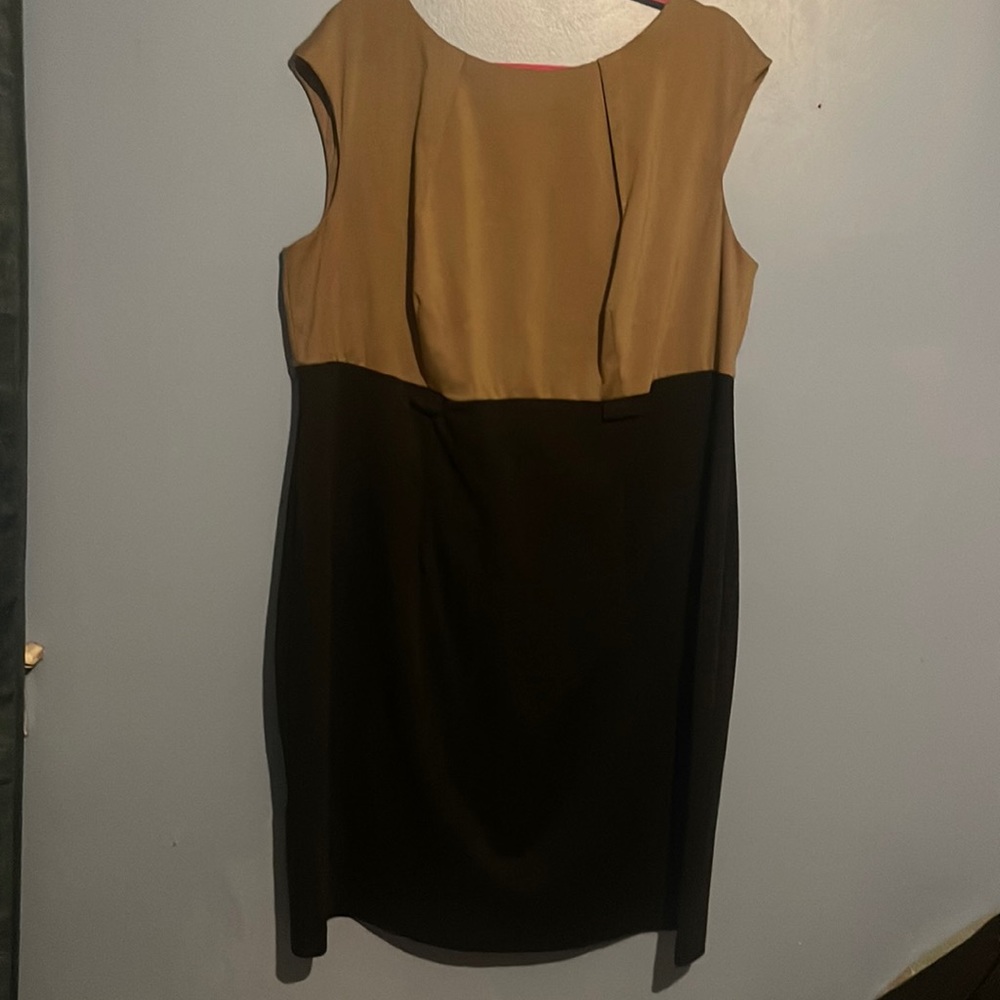 Great for work or church-Tan and black knee length dress.